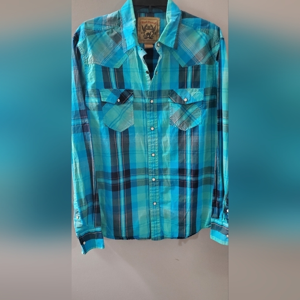 Red Camel Turquoise and Navy Plaid Men's Shirt. Sz L